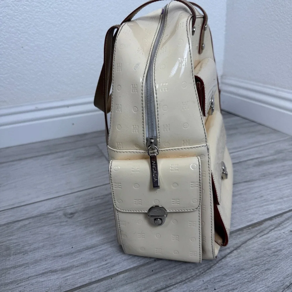 Arcadia Cream Patent Satchel Backpack with Tan Straps